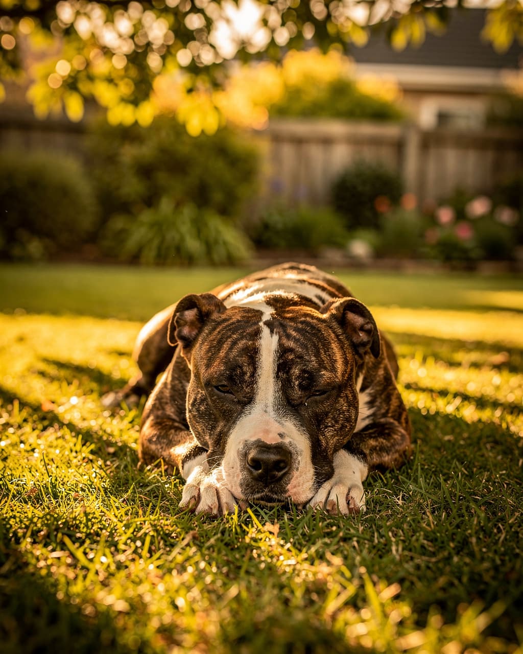 Staffordshire Bull Terrier lying peacefully on a sunlit suburban backyard lawn — the calm earned through behaviour modification training