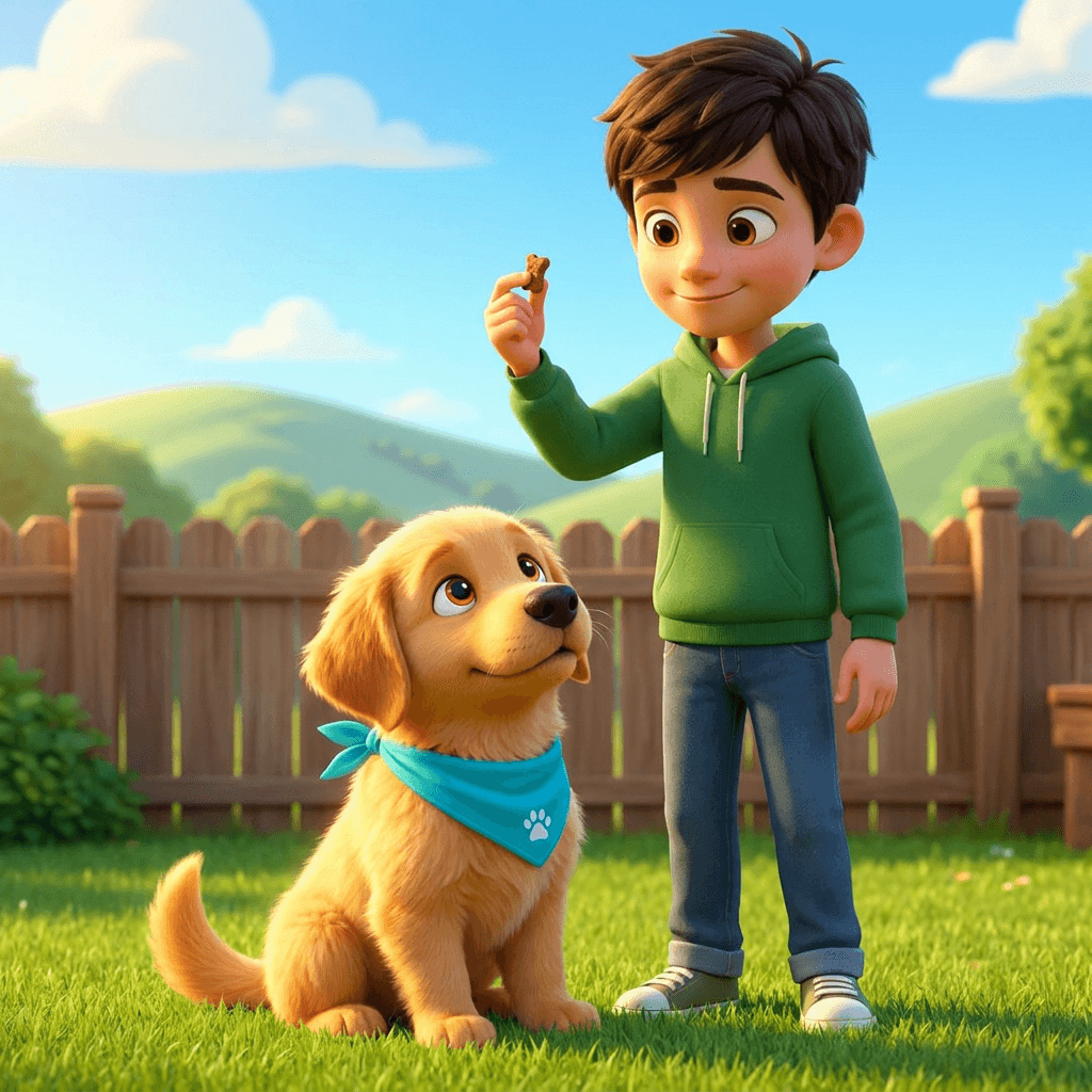 A boy teaching Scout the puppy to sit