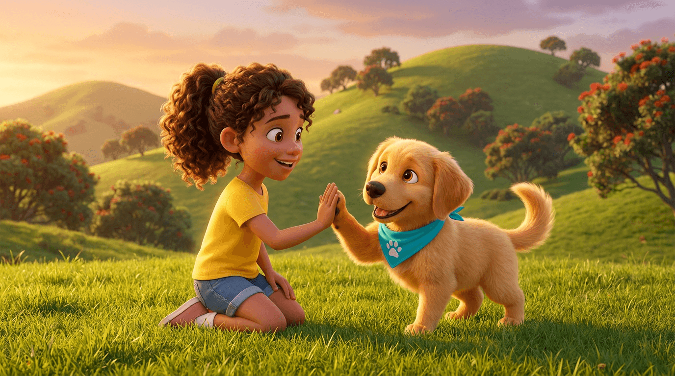 A young girl high-fiving Scout the golden retriever puppy on a green New Zealand hillside
