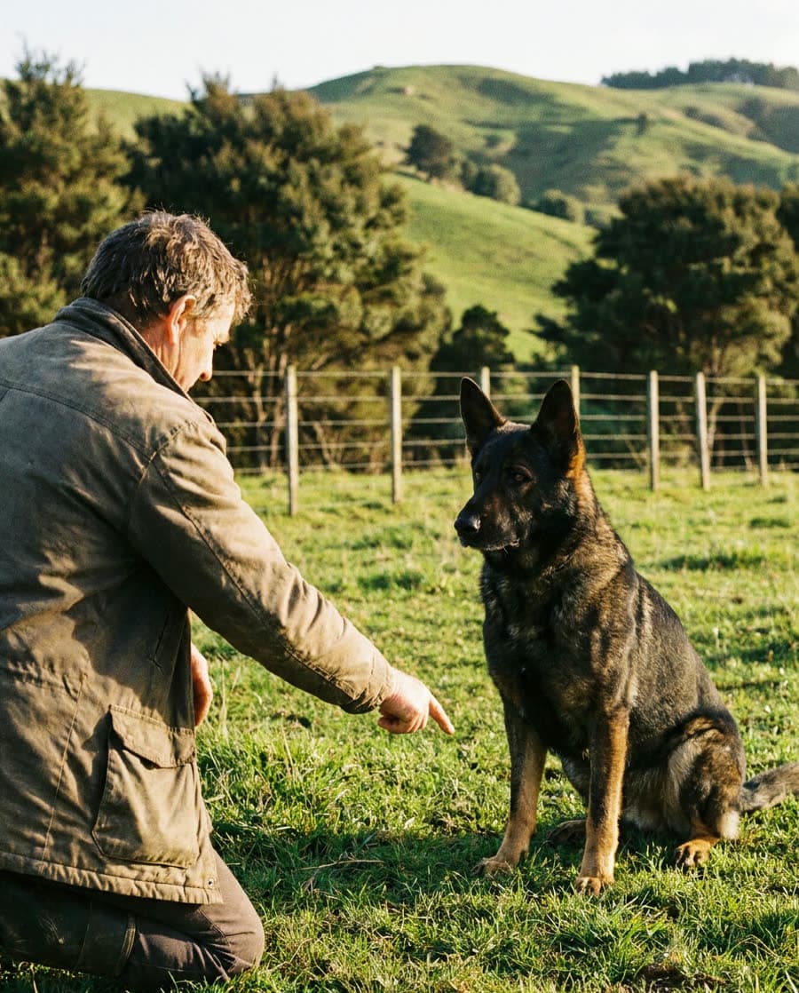 A trainer working one on one with a german shepherd on a Rodney lifestyle block