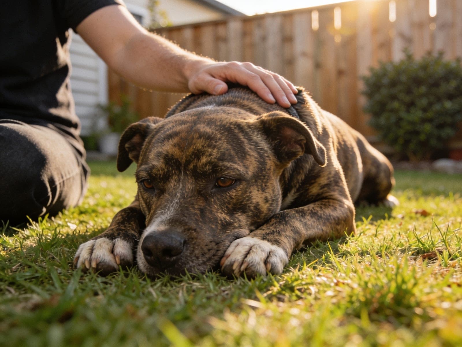 An owner sitting with their subdued dog on the grass