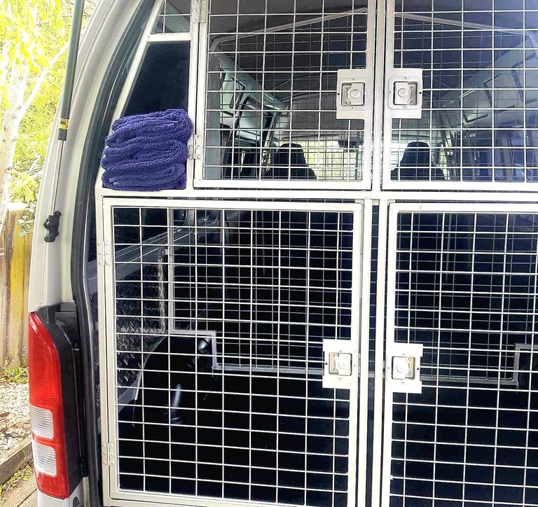 Dogs safely secured in transport van